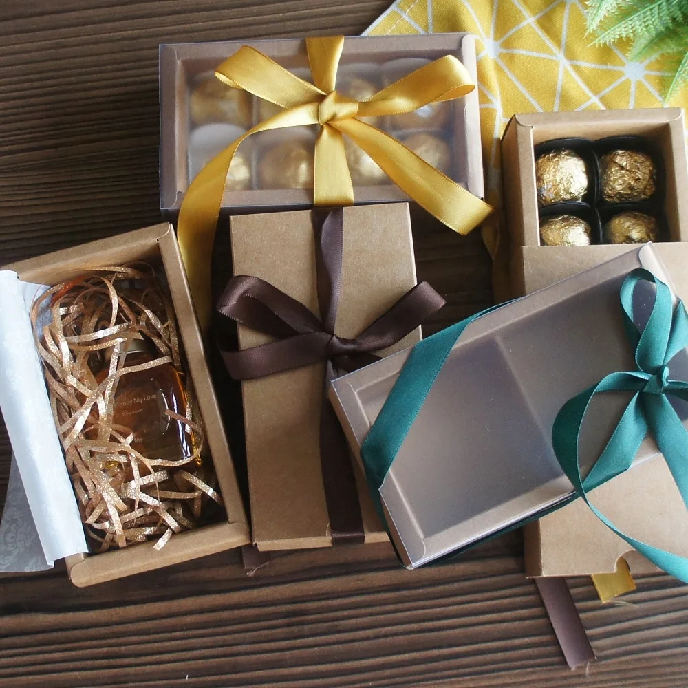 14*7*5cm 10set Natural Kraft Paper Box Chocolate Candy DIY Handmade Packing Box As Wedding Christmas Birthday Gift Packaging