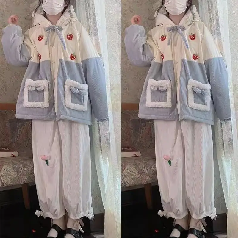 Corduroys Coat Female 2024 Winter New Fashion Plus Velvet Cotton-padded Coat Stitching Cute Soft Sister Loose Cotton-padded Coat