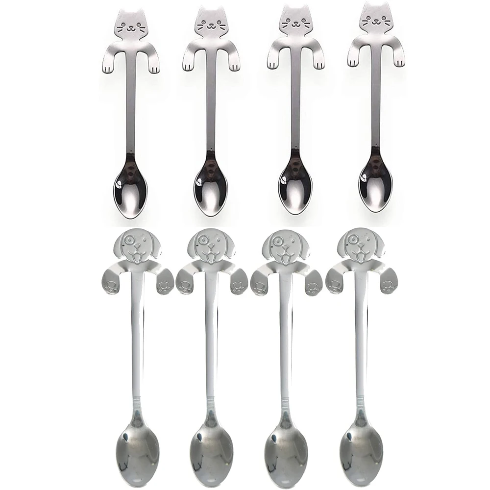 4 Pcs Coffee Spoon Stainless Steel Dog Spoon and 4Pcs Cat Spoon Dessert Spoon Drink Spoons Mixing Spoon Kitchen Supplies