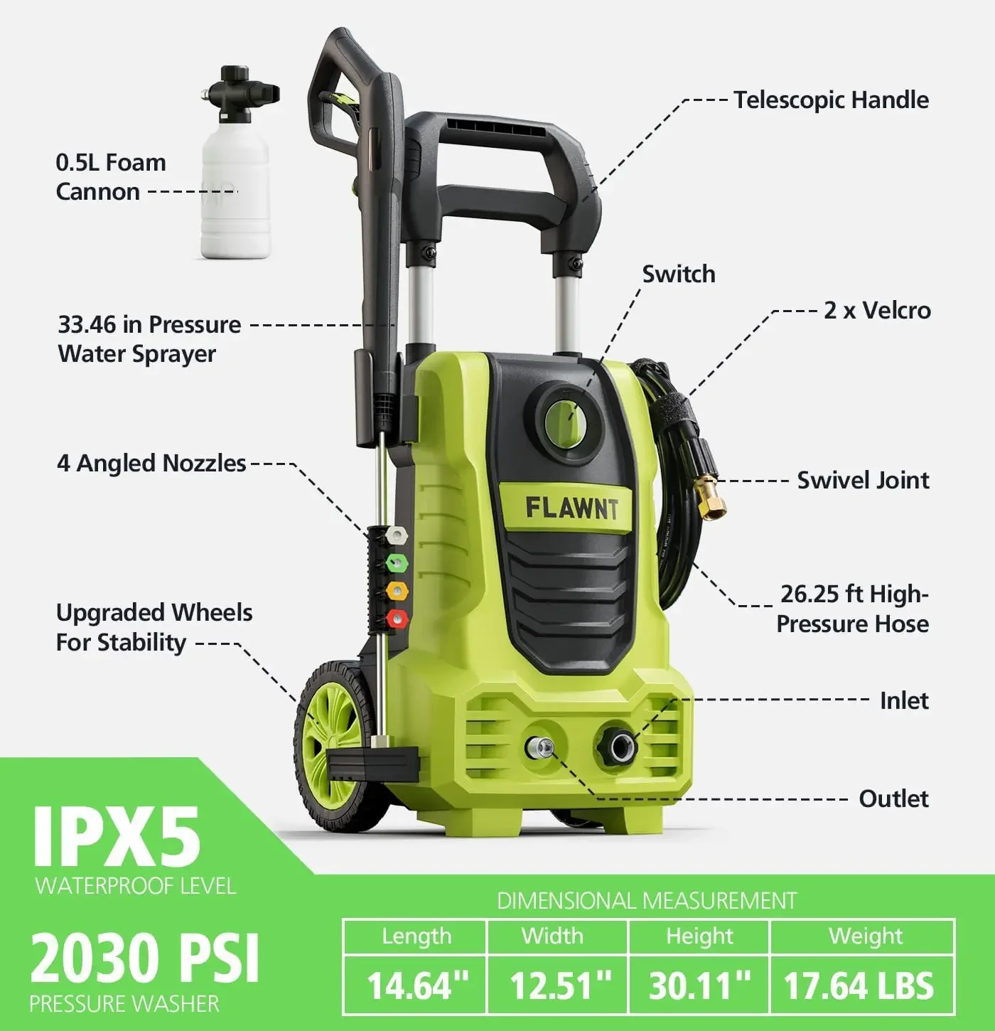 Electric Pressure Washer, 26 FT Hose Pressure Cleaner 2030 PSI with 4 Nozzles Tips,Surface Cleaning with Upgraded Swivel Joint