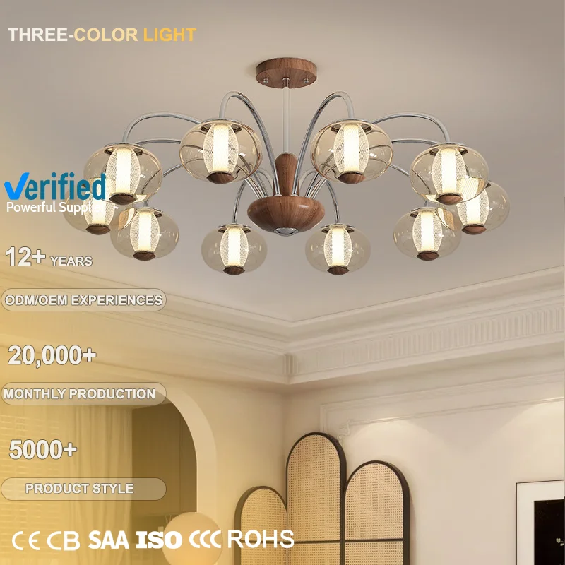 Decorative Indoor French Vintage Restaurant Walnut Chandelier Light Nordic Clear Glass Pendant Lamp for Villa Ceiling