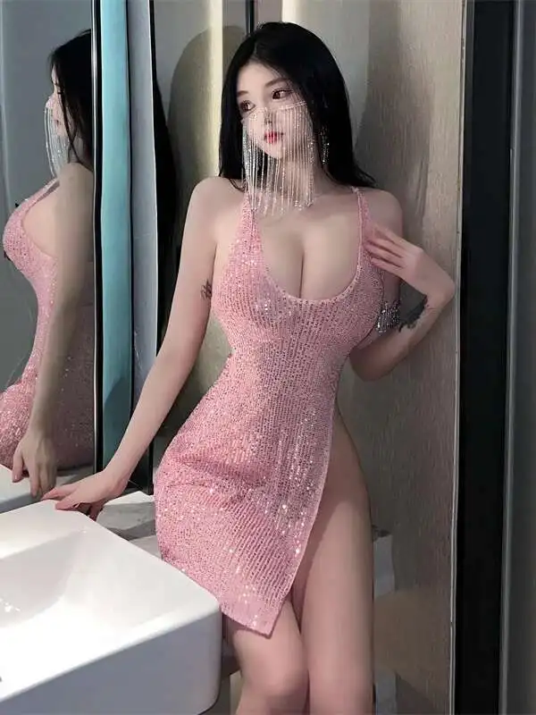 WOMENGAGA FairyชุดมินิOคอแฟชั่นเกาหลีใหม่เซ็กซี่สาวเลื่อม,สีชมพูBacklessชุด 2024 ใหม่WM5Z