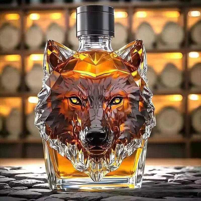 

350ML Unique Whiskey Wolf Head Glass Decanter, Perfect for Whiskey Bottle Home Bar Decor Gifts
