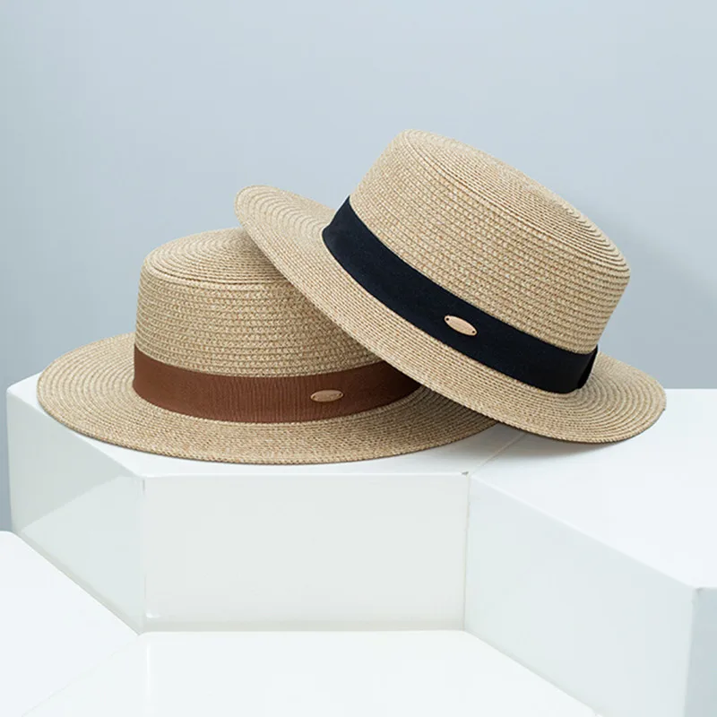 Summer casual ribbon sun hats Women's outdoor French styles flat brim travel hat Sunscreen Straw caps bowler hats  gorros