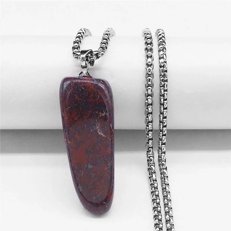 Irregular Bloodstone Pendant Necklace Stainless Steel Chain Gem Stone Healing Energy Necklace Jewelry Reiki Healing Gift NDD19-2