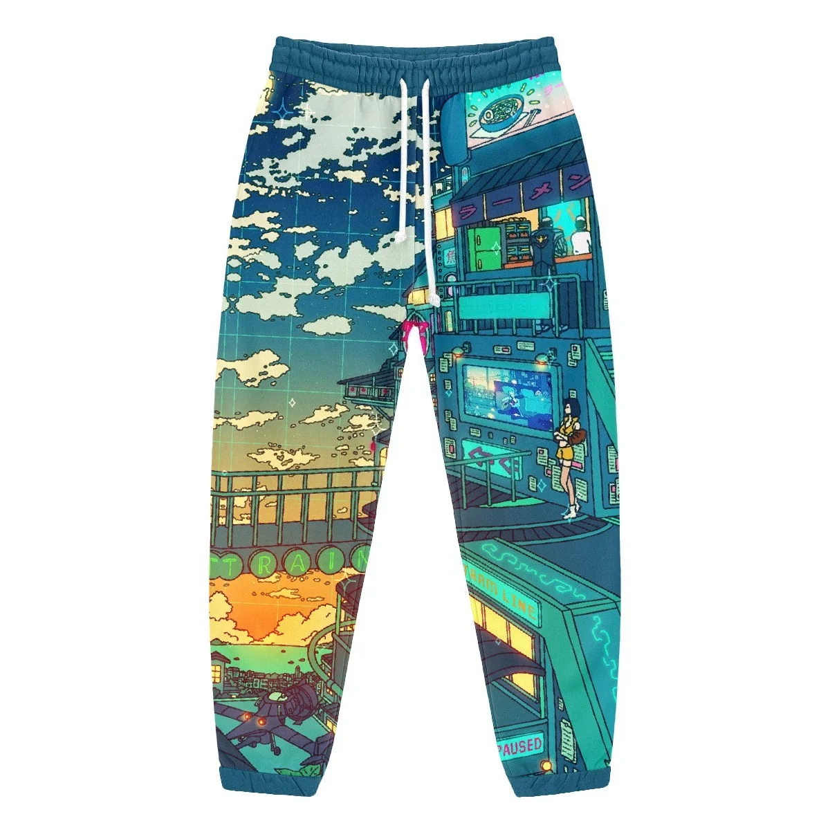 Unisex Joggers Featuring A Cyberpunk Japanese Streetscape Anime-style Girl Print; Retro Vaporwave-style Drawstring Sweatpants.