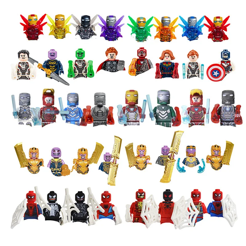 8 Marvel superhero building blocks, including Iron Man, Spider Man, humanoid dolls, anime characters, and children's toys