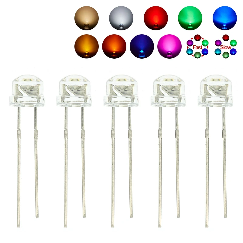 50PCS Straw Hat LED Diode 5MM Blue Green Red Yellow White Light Emitting F5 Super Bright Led