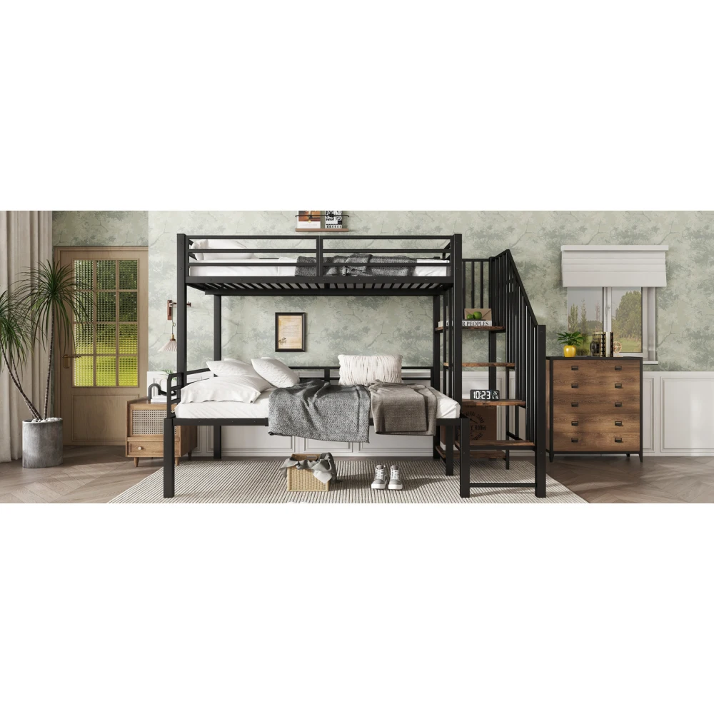 PINGGO Eisen-Etagenbett für Kinder und Jugendliche mit Stauraum-Eckschrank, Eisen & MDF, Schwarz Vintage-Holz, 90x200cm 120x200cm, ohne Matratze – Detail 15