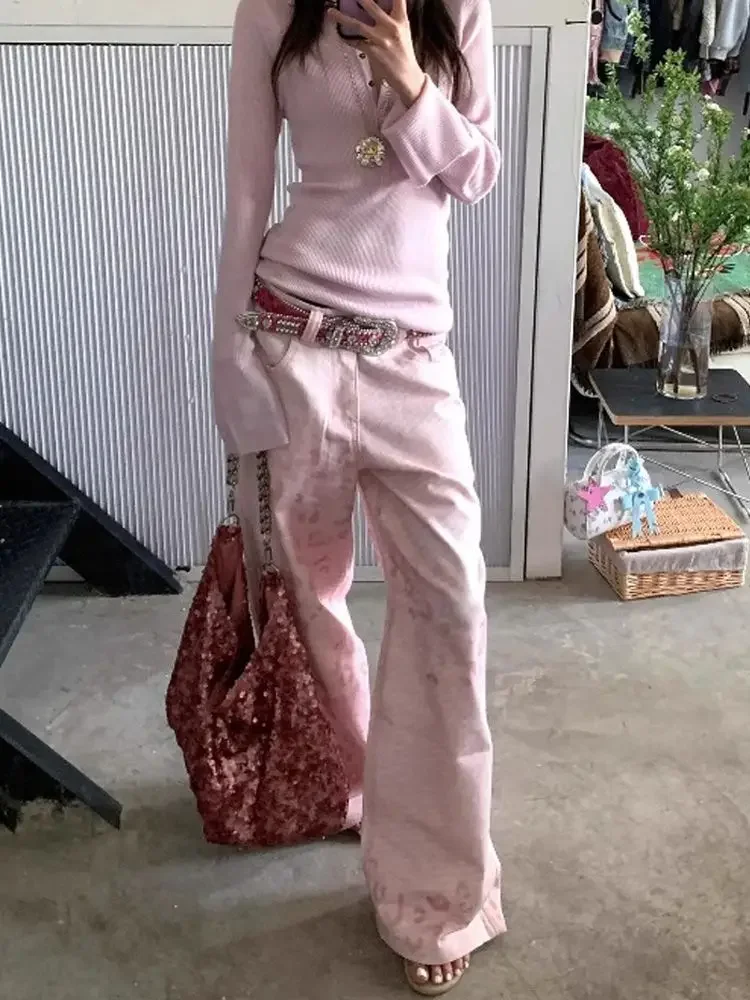 

HOUZHOU Pink Vintage Leopard Women Jeans Wide Leg American Retro Denim Pants Baggy High Waist Animal Print Trousers Gyaru New