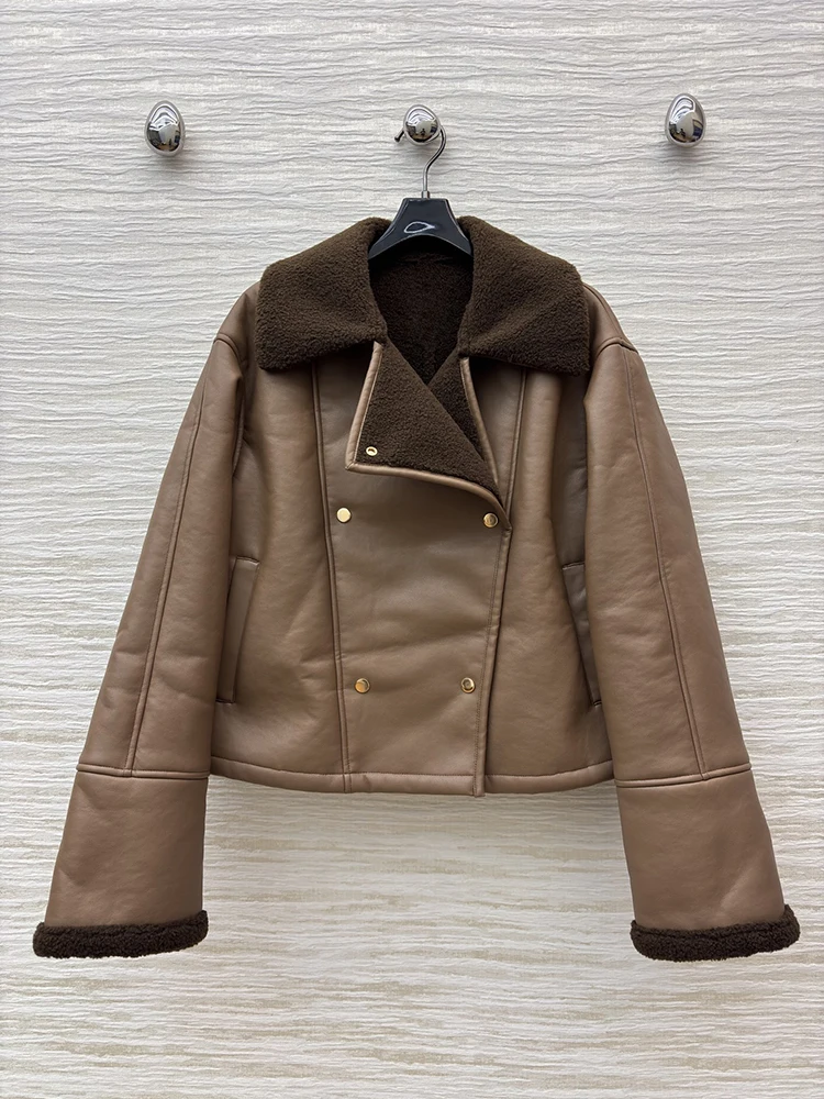 SVORYXIU خريف شتاء نمط جديد عميق القهوة اللحاء مطابقة أفخم طوق امرأة سترة جلدية سوداء الموضة #4