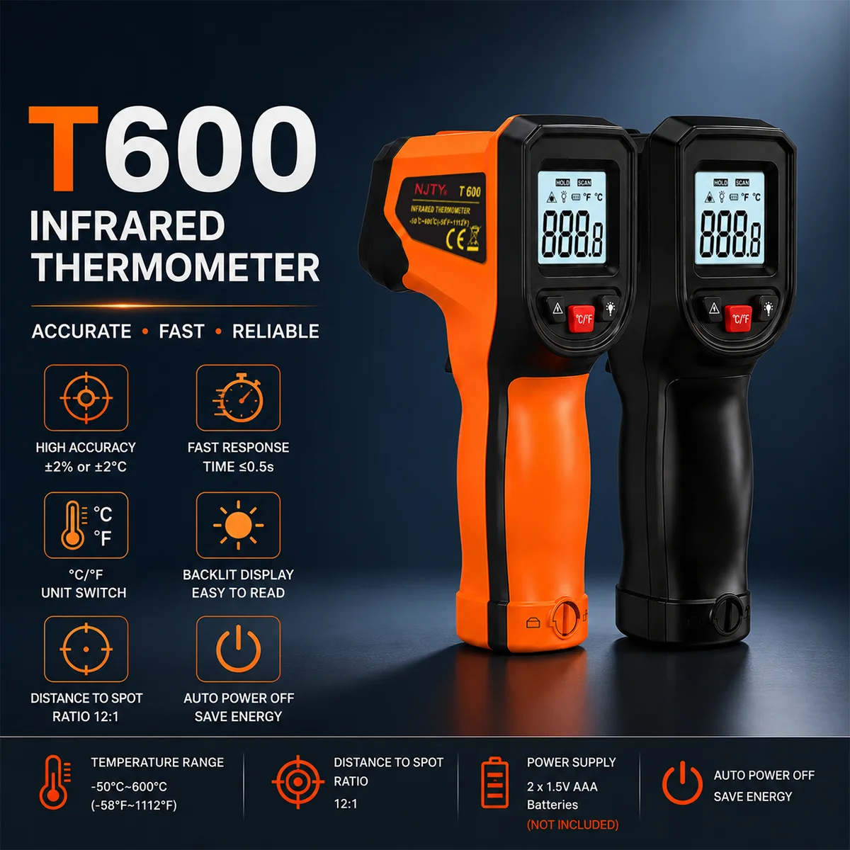 T600 T600A Infrarot-Thermometer -50 ° C bis 600 ° C Berührungsloses digitales IR-Temperaturmessgerät 12:1 Schnell 0,5s Laser-Thermometer – Detail 1