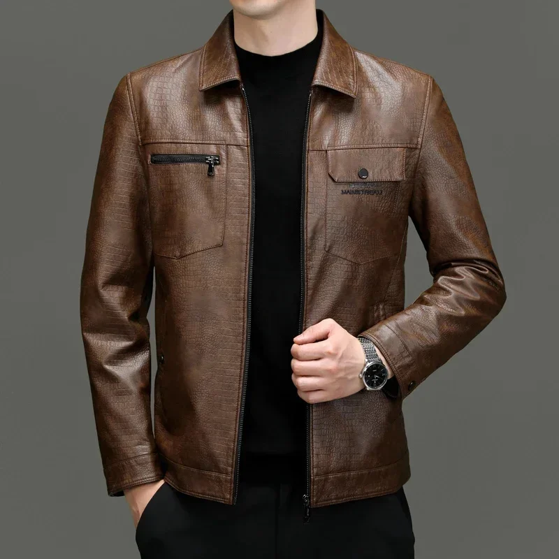 and Autumn Winter Leather Jacket Men's Natural Lapel with Velvet Crocodile Pattern Motorcycle Casual Coat