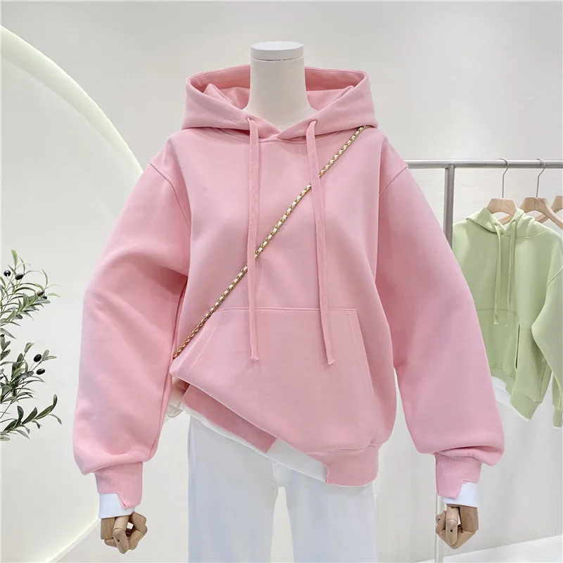 Fresh Light Green Fake Two Piece Sweatshirt 2024 Spring Ladies Thin Irregular Cuff Split Design Hooded Pullover Casual Loose Top