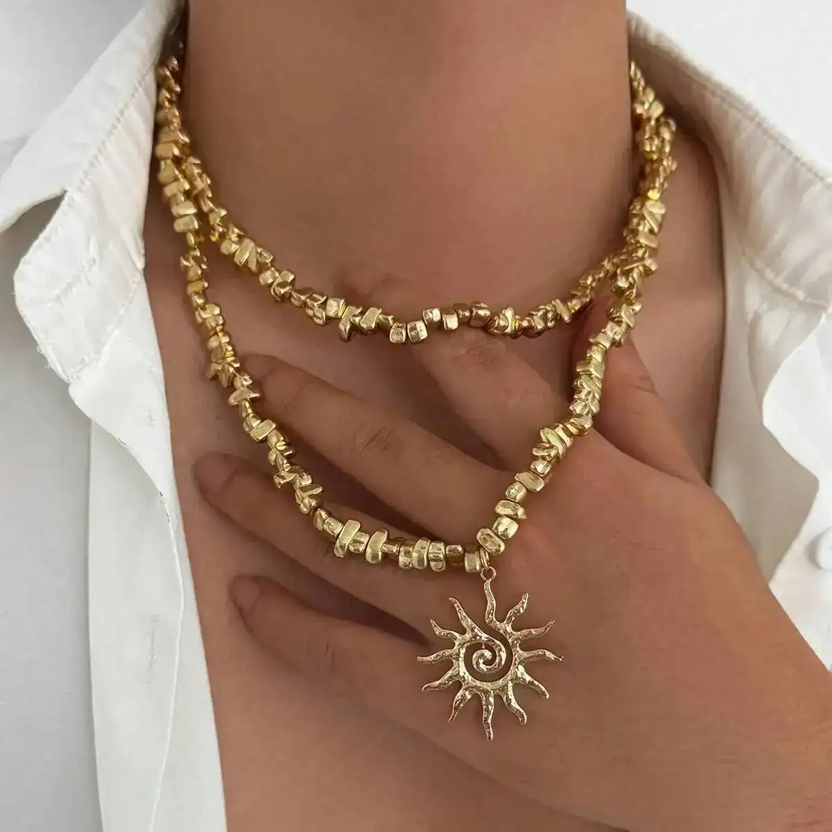 KunJoe Hip Hop Irregular Acrylic CCB Beaded Choker Necklace for Men New Gold Color Sun Pendant Necklace Male Jewelry on the Neck