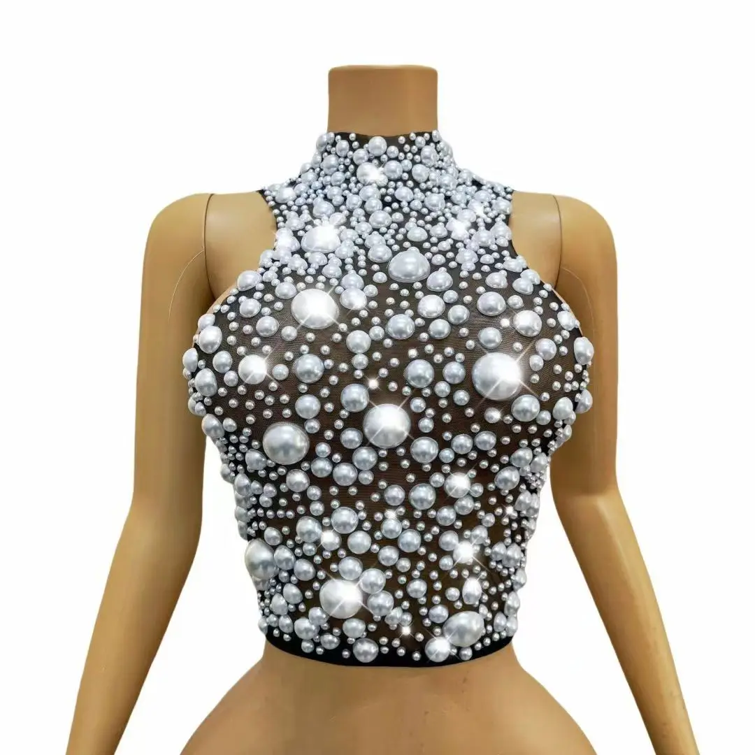 Nightclub Big Pearl Bandage Crop Tank Top Birthday Party Shiny Rhinestone Sexy See Through Singer Dancer Show Party Show Costume