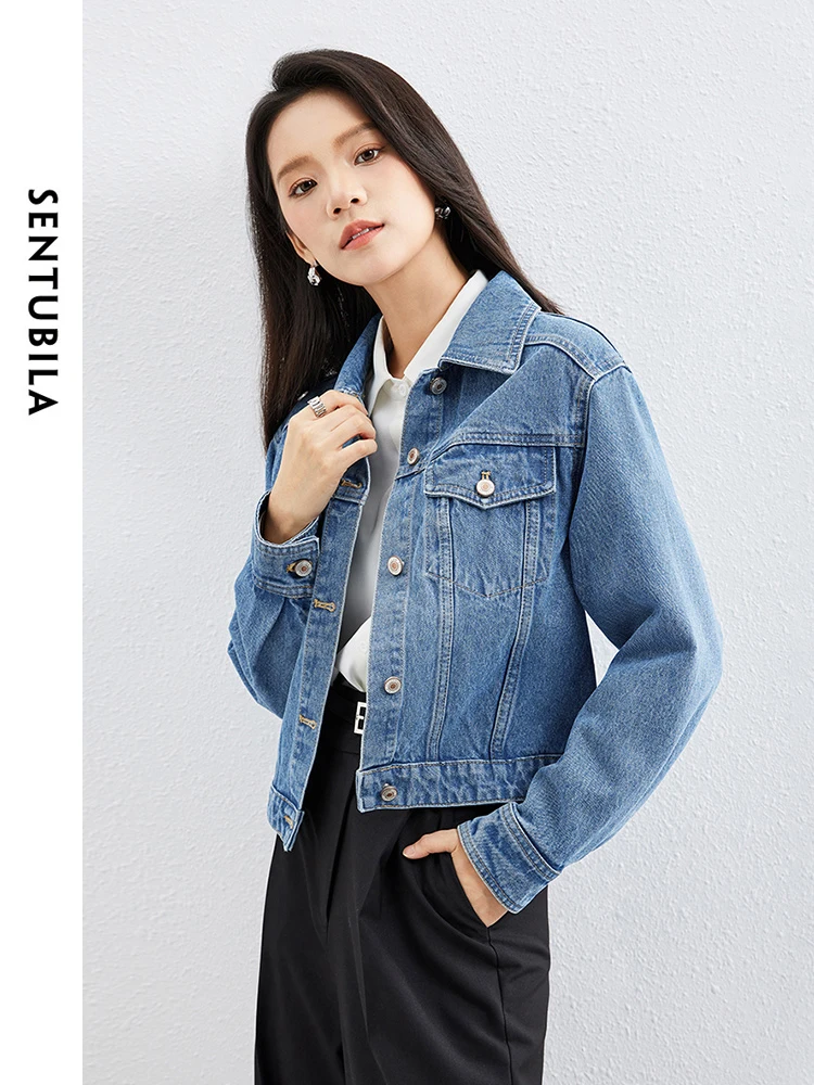 

SENTUBILA, укороченная джинсовая куртка из 100% хлопка, женская укороченная куртка на весну и осень 202, винтажное джинсовое пальто с длинными рукавами, женская верхняя одежда W41W53399