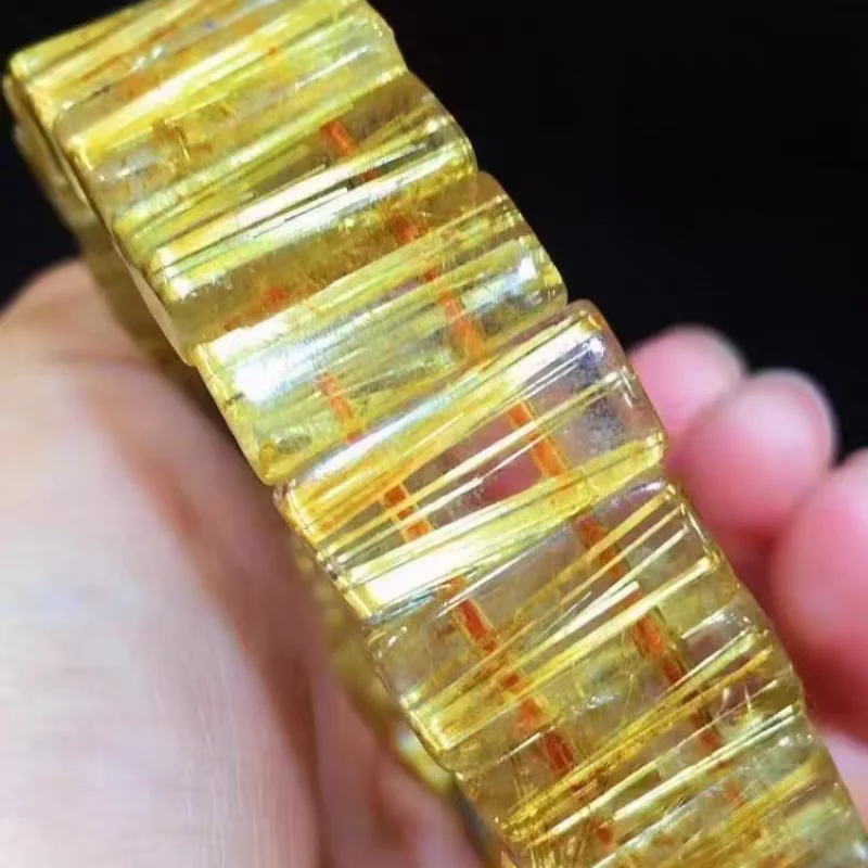 

Natural Gold Rutilated Quartz Bracelet Clear Rectangle Beads 18x7mm Wealthy Yellow Rutilated Brazil AAAAA