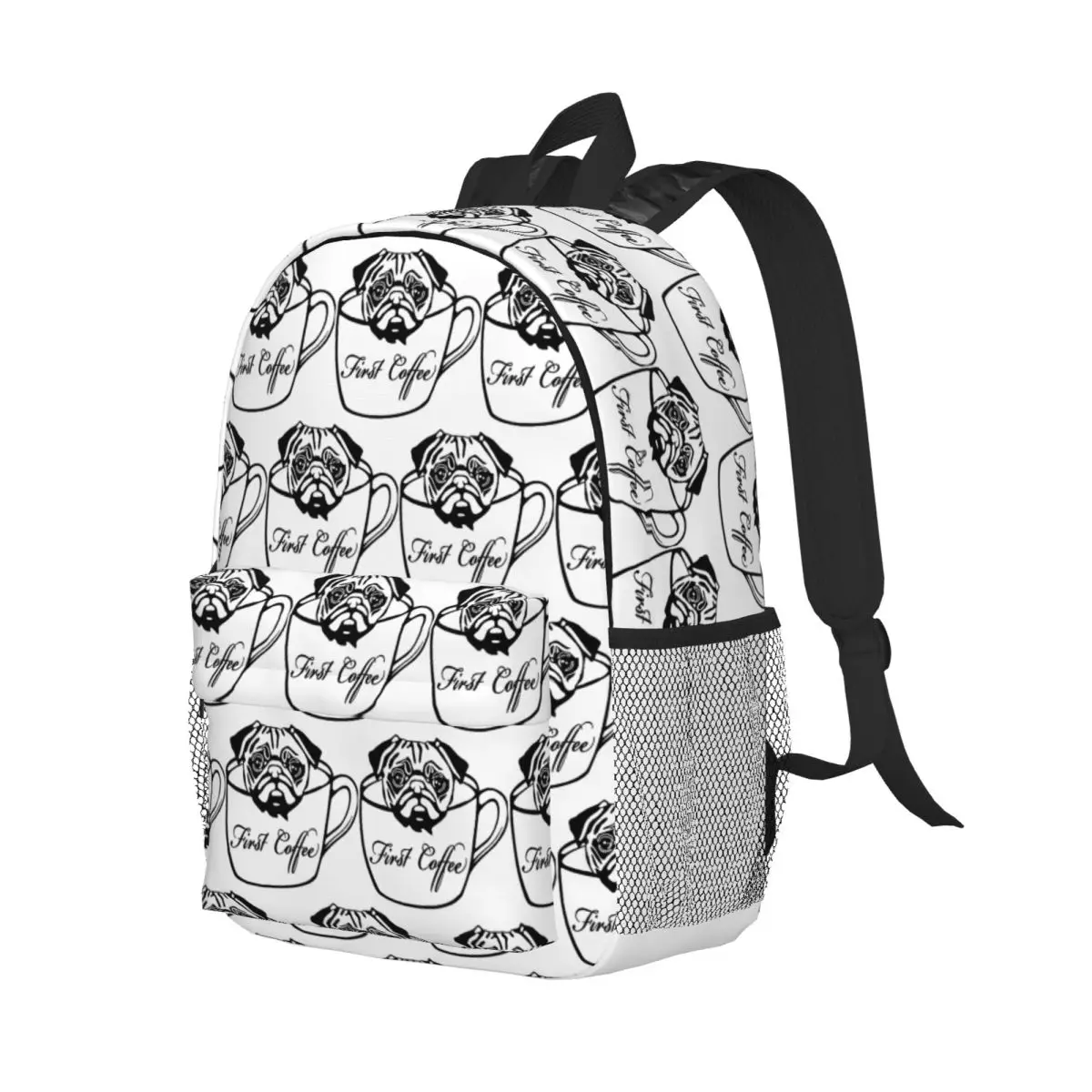 Pug First Coffee Backpack Student Boys Girls BookBag Men Women School Bag Laptop Shoulder Bags