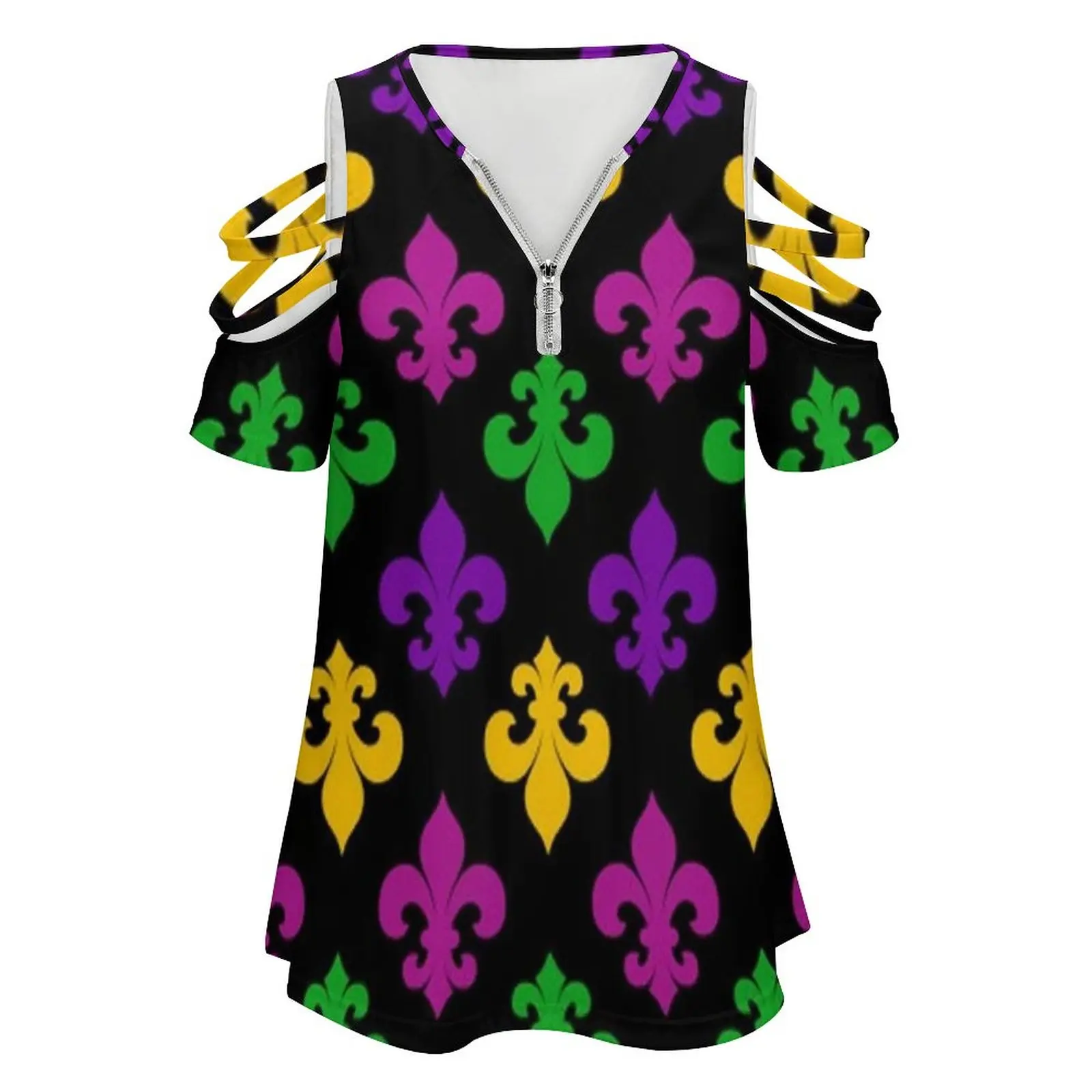 Mardi Gras Fleur De Lis New Fashion Zip Off Shoulder Top Short-Sleeve Women Shirt New Orleans Nola Fleur De Lis Mardi Gras