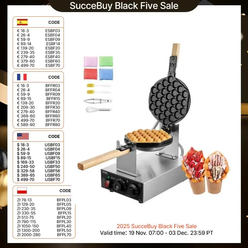SucceBuy Kommerzielles Eierblasen-Waffeleisen, 1400 W, antihaftbeschichteter Seifenblasen-Puff aus Edelstahl mit 180 ° Drehbare 2-Pfannen und Holzgriffe