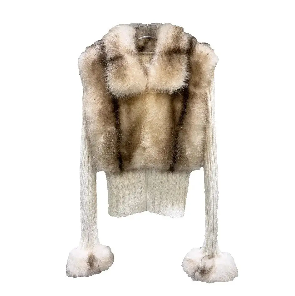 

2025 New Autumn Winter Hot Chick Long Sleeve Knitted Sweater Elegant Faux Fur Splicing Cardigans Top Women Slimming Knit Shirts