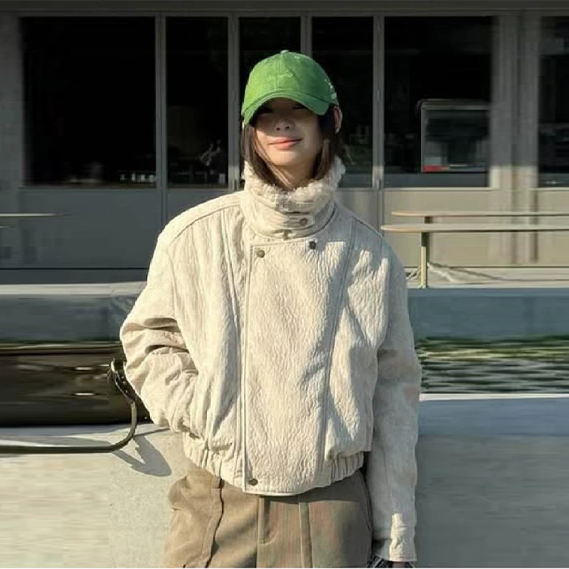 

Winter Women's Suede Jacket Splicing Lamb's Wool Short Coat Retro High Collar Zipper Outwear 2025 New Vintage Lady Jacket