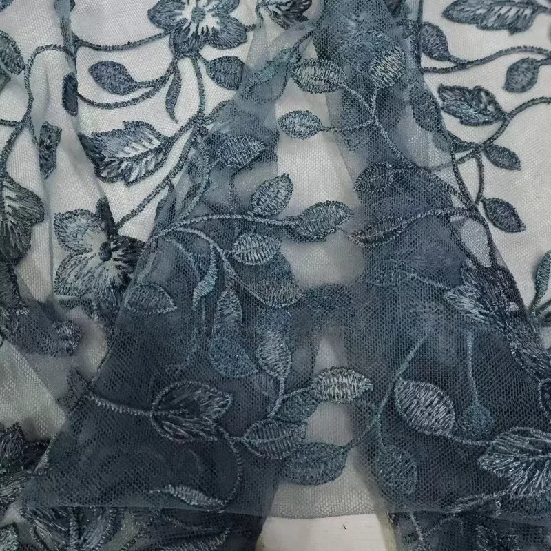 Vintage Gray Blue Translucent Embroidery Lace Mesh Fabric Designer Handmade Sewing DIY Wedding Dress Craft Material Breathable