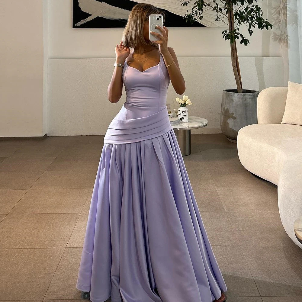 Customized Fashion Scoop Sleeveless Satin Evening Dress Temperament A-Line Piping Pleats Purple Party Gown vestidos para mujer