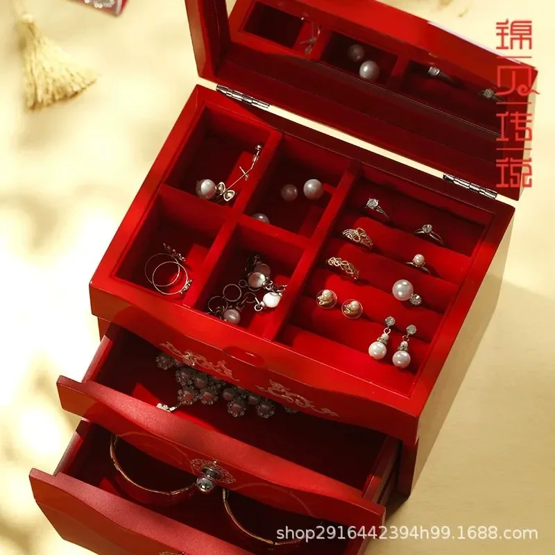 for Jinbei Legend Luodian Lacquer Jewelry Box Wooden Three Gold Dowry Storage High end Wedding Gift for Women Bride - view 3
