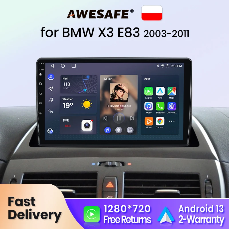 AWESAFE Wireless CarPlay for Apple Android 13 Auto Radio for BMW X3 E83 2003 2004 2005-2011 Multimedia Screen Stereo GPS RDS DSP