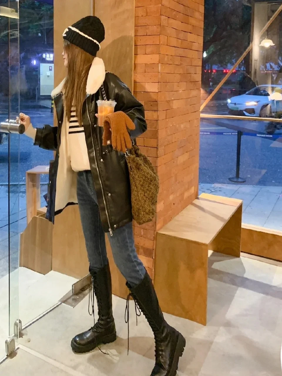 冬の新作 Dstring ウエストシェイプ ミドル丈 ティーンエイジ風 レザー風ジャケット レディース 香港風 スレ レトロ アウター