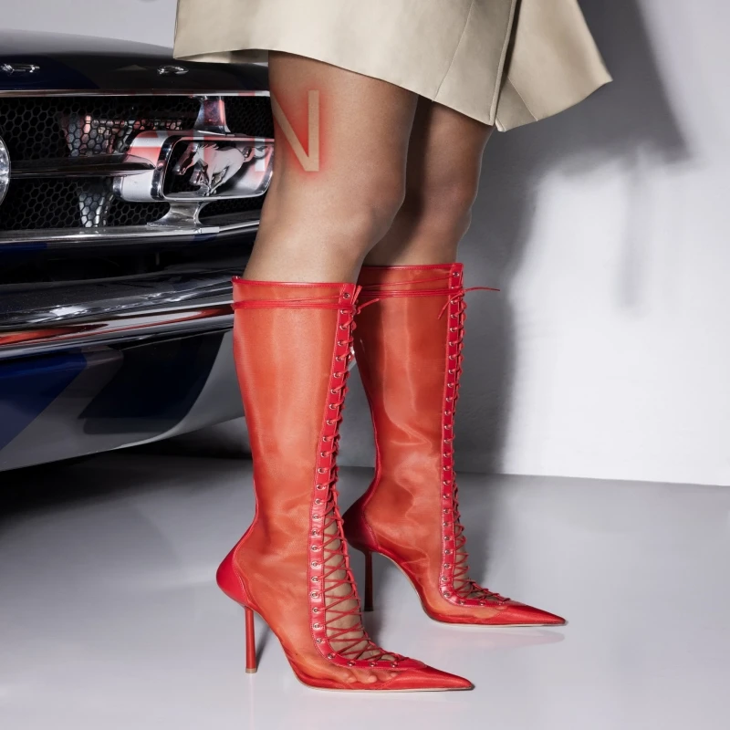 Botas de malla con cordones delanteros, moda romana, estilo de pasarela, puntiagudas, hasta la rodilla, elegante vestido de fiesta de lujo, zapatos de mujer
