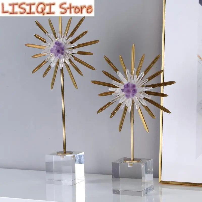 

New Crystal Sculpture Sunflower Natural Crystal Handicraft Artificial Flower Metal Figurine Decorative Decoration Accessories