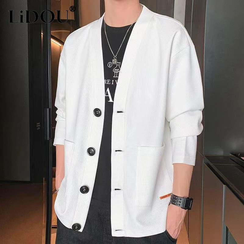 2023 Spring Autumn New Solid Color Fashion V-neck Long Sleeve Knitting Cardigan Man Loose Button Pockets Waffler All-match Coat