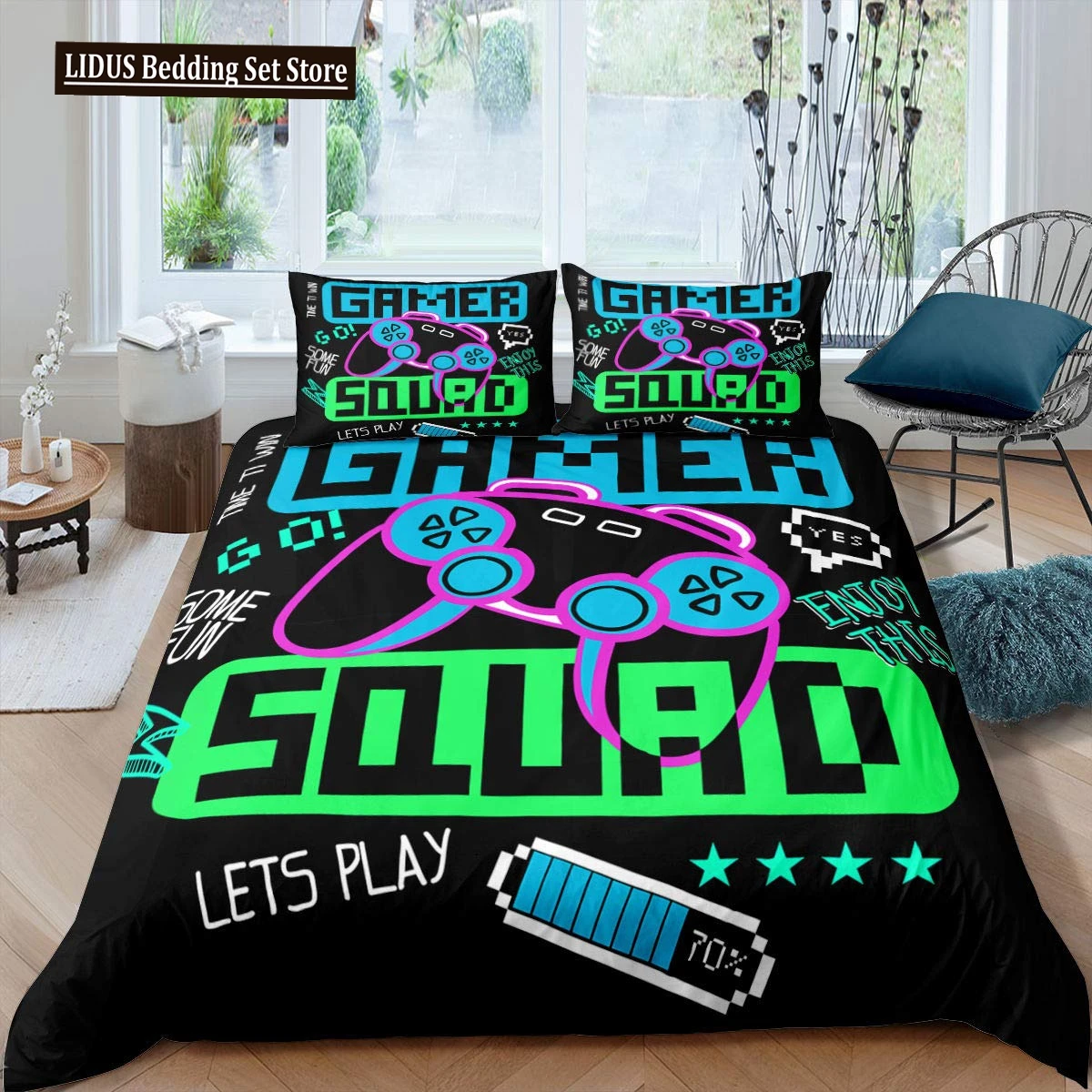 Gaming Duvet Cover Set King Size Gamer Comforter Cover Set Video Game Boys Teens Kids Gamepad Game Controller 2/3pcs Bedding Set