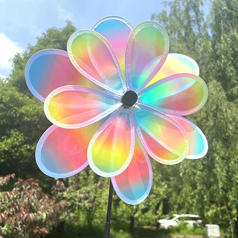 1-delig dubbellaags kleurenfilm kleur veranderende oogverblindende windmolen roterende windspinner staak staand gazon bloem pinwheel