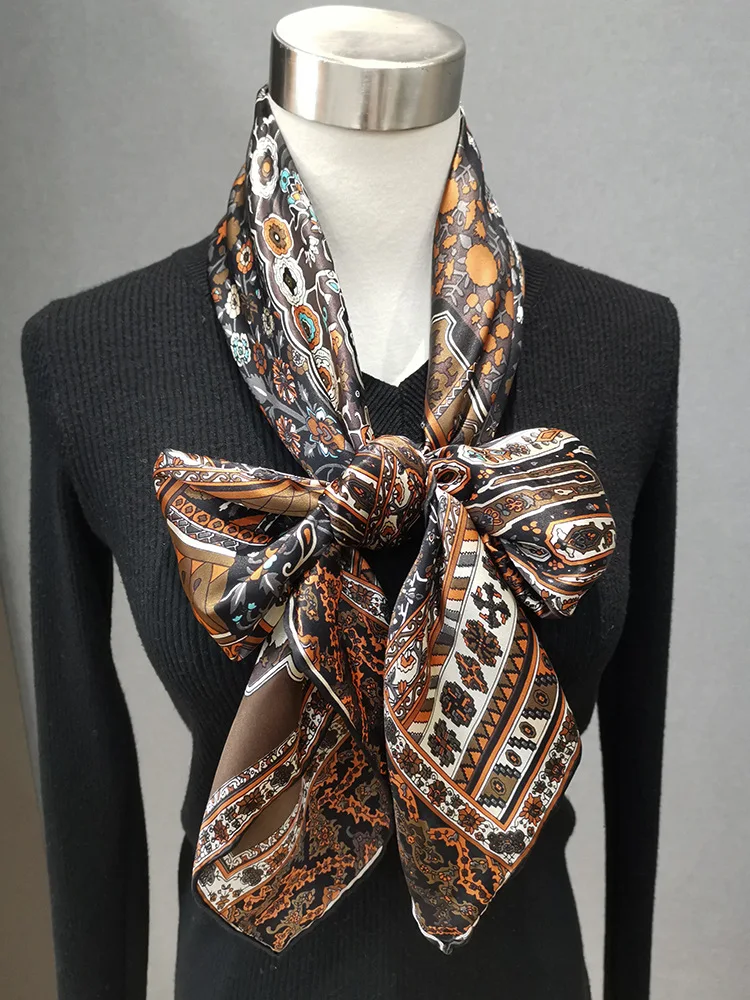 110CM Silk Scarf Luxury Hand Rolled Bandanas Oversized Square Shawls Hair Neck Belt Scarves Soft Hijab