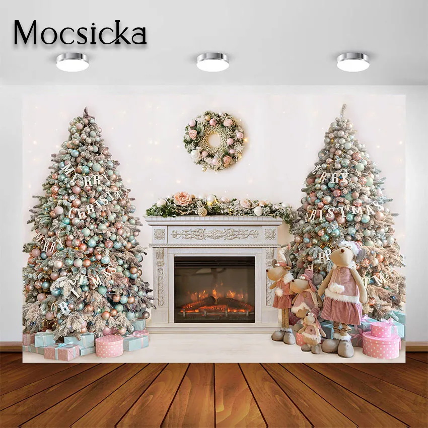 Mocsicka Christmas Photography Backdrops Pink Xmas Tree Fireplace Photo Background for Photoshoot Holiday Party Decoration Props