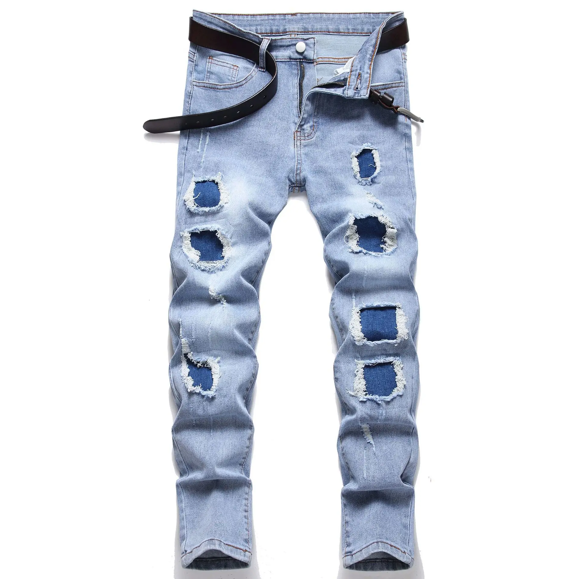 

Four Seasons New Fashion Men's Casual Trendy Washed Light Blue Skinny Jeans Pants Hole Patched Slim Denim Trousers Streetwear