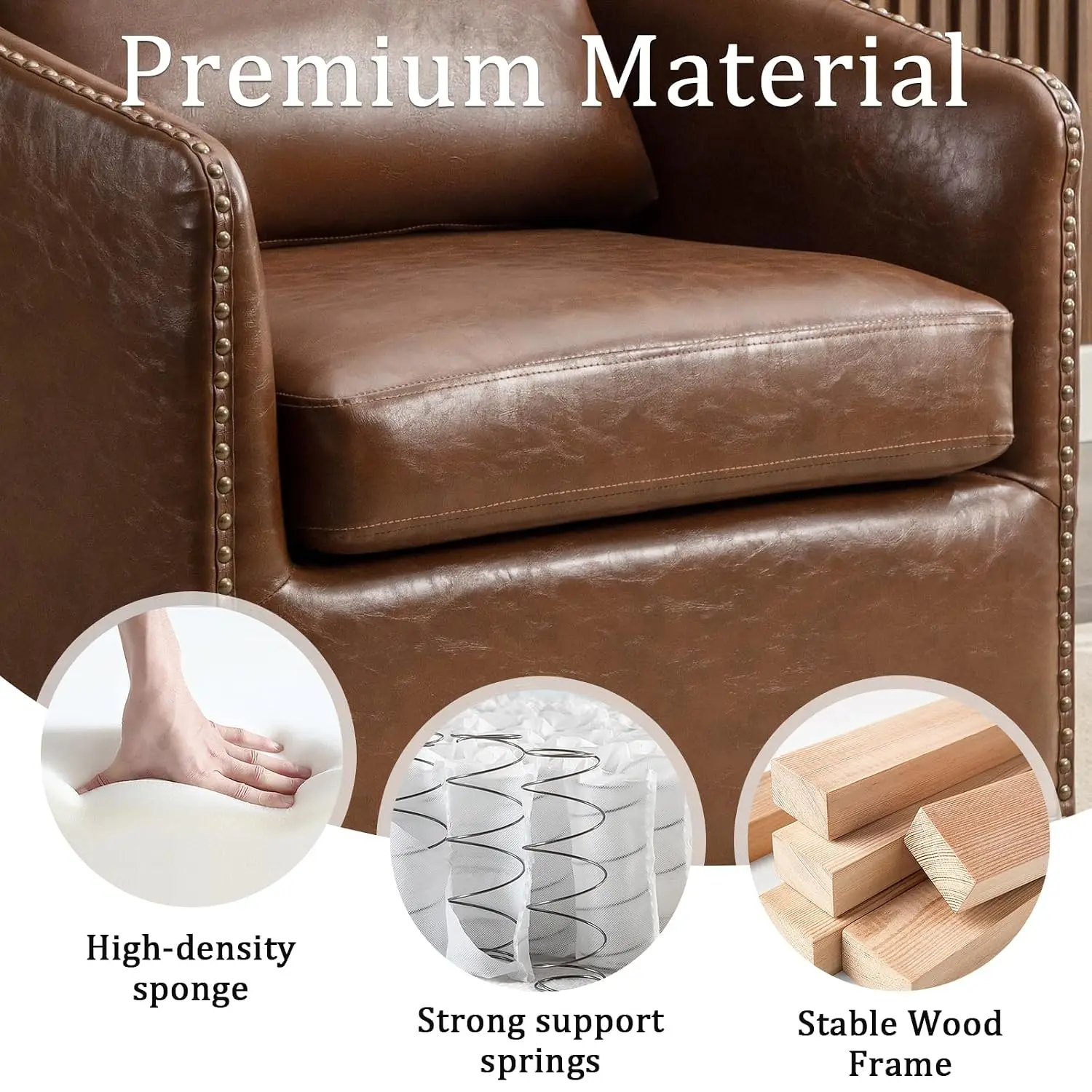 360 Degree Swivel Accent Chair Set of Two with Plump Back Pillow, Waterproof Oil Waxed PU Leather Swivel Armchair with Rivets