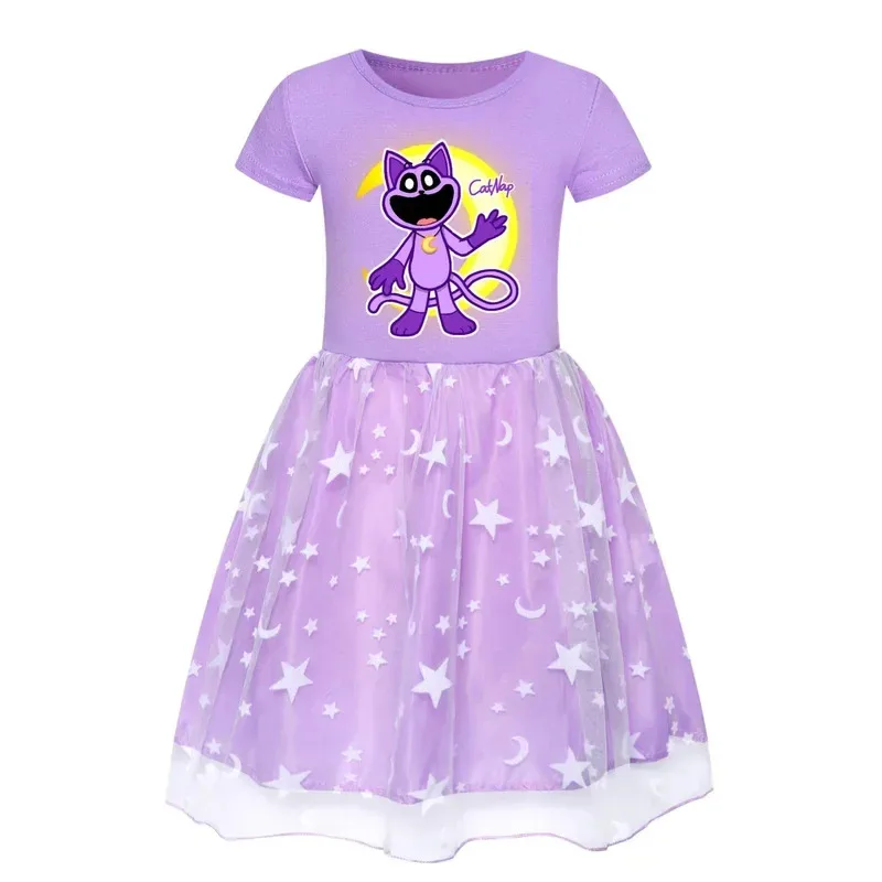 أنيمي تأثيري يبتسم المخلوقات القط قيلولة الأطفال قوس قزح فستان الدانتيل الصيف القطن طفلة ملابس فستان الأميرة للفتيات El #6