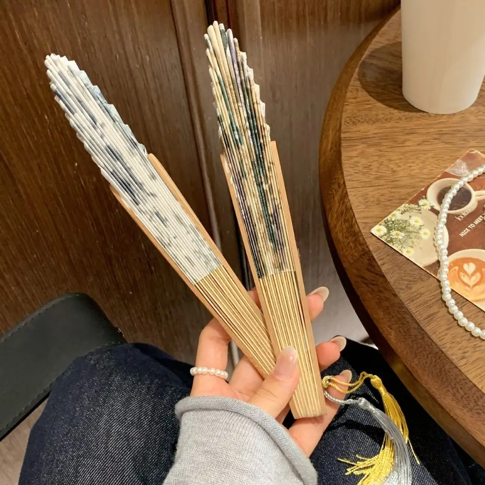Chinese Style Hand Fold Fan Woman Men Portable Silk Flower Folding Fan Bamboo Wood Dance Props Retro Shell Fan