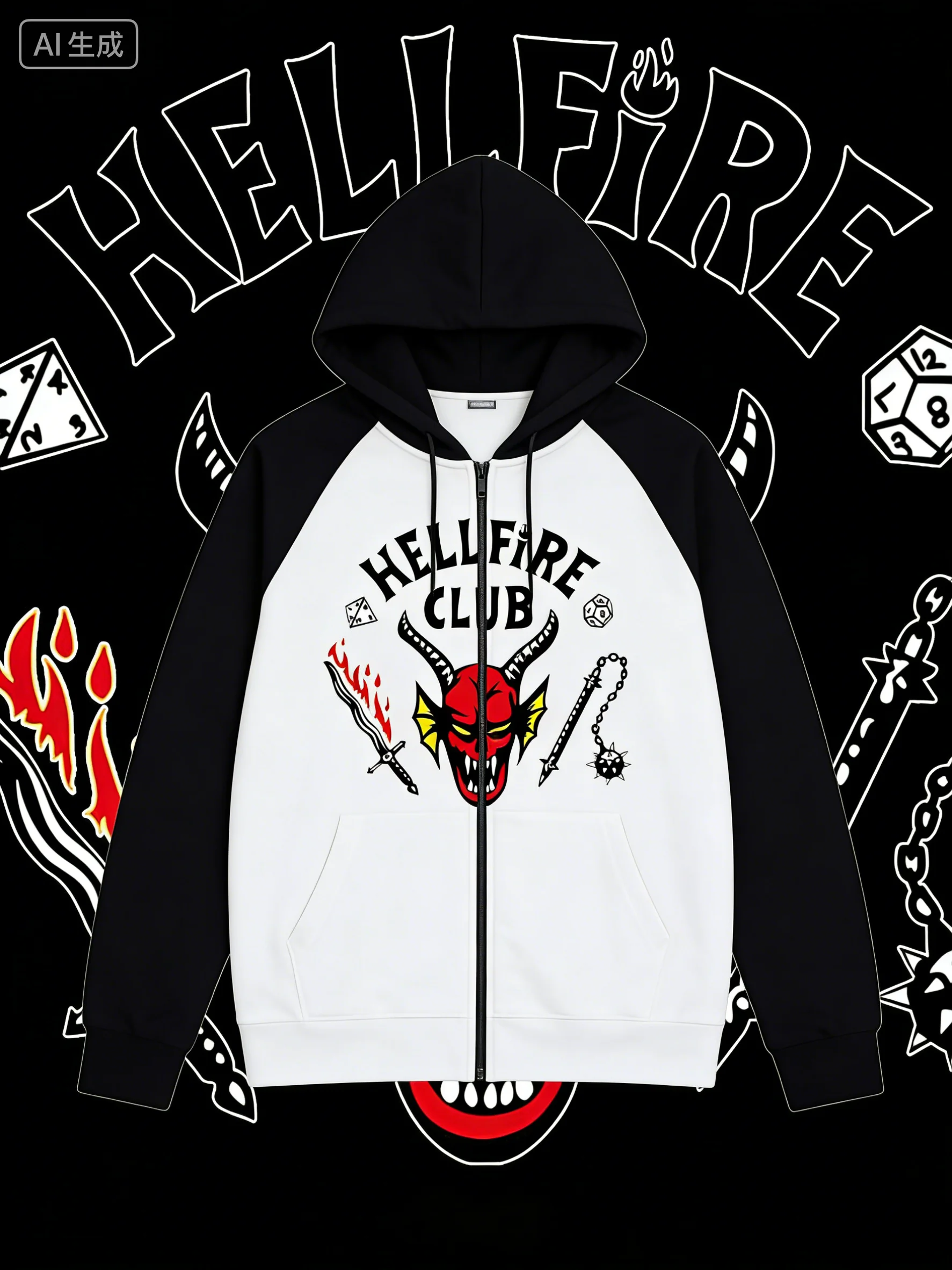 ג'קט הודי עם דוגמת מפלצת Hellfire, אופנתי ומגניב עם רוכסן למבוגרים ברחוב, סתיו 2026