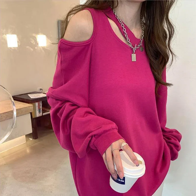 2024 Spring Autumn Korean Edition Loose Long Sleeves Hoodie for Women\'s Lazy Style Casual personality Off Shoulder T-shirt Top