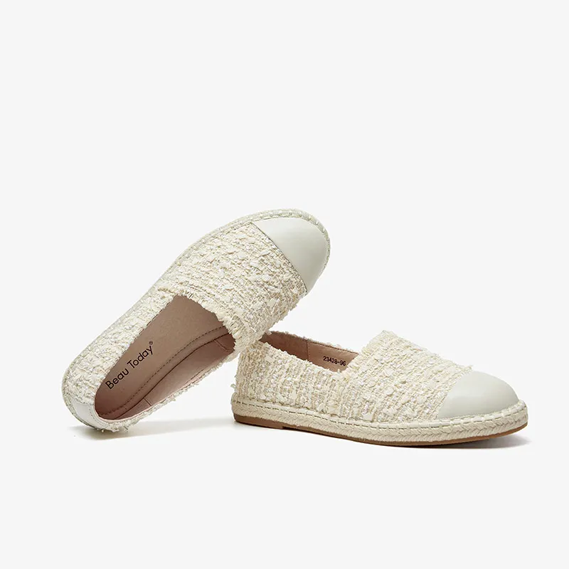 BeauToday mieszkania kobiety kożuch tkaniny kraty okrągłe Toe Slip On tkanina w kratę tkane słomy przypadkowi buty damskie Handmade 23428