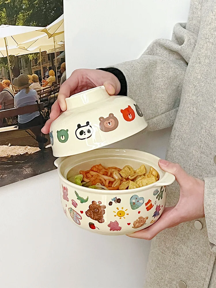 Mooney ins cute bear with lid instant noodle bowl amphora large capacity ceramic breakfast bowl student party home tableware