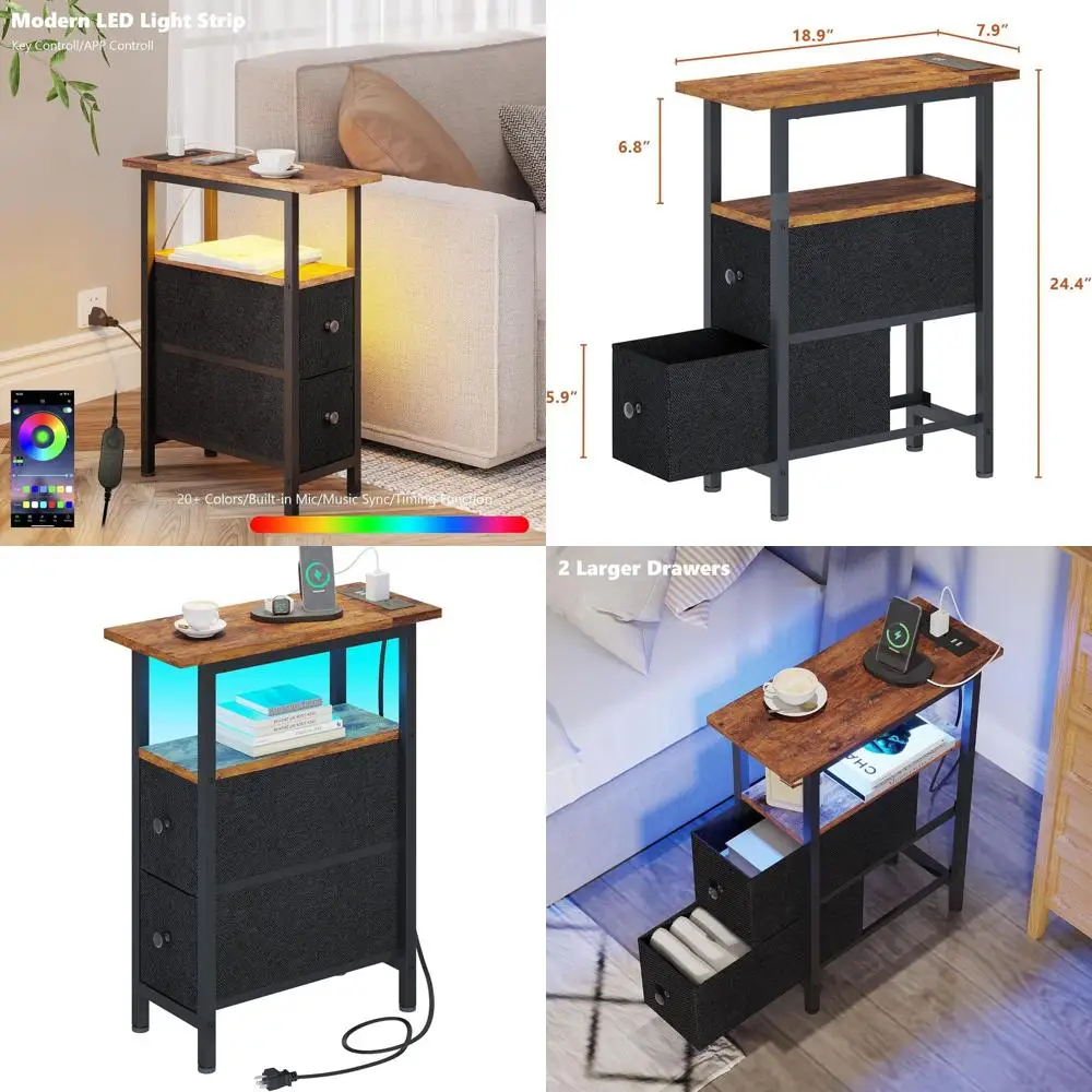 

Narrow End Table with Charging Port, Fabric Drawers, LED Light, Rustic Black & Brown for Small Spaces
