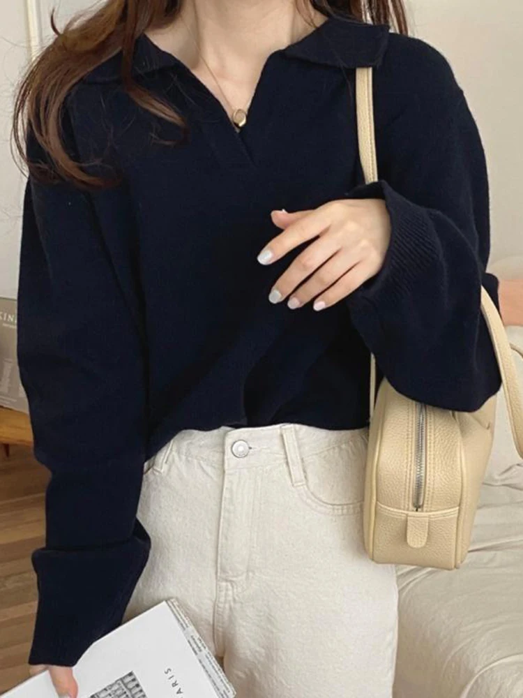 Winter New Women Long Sleeved Loose Polo Collar Knitted Sweater Korean Fashion Elegant Lady Solid Color Retro Pullover Sweater