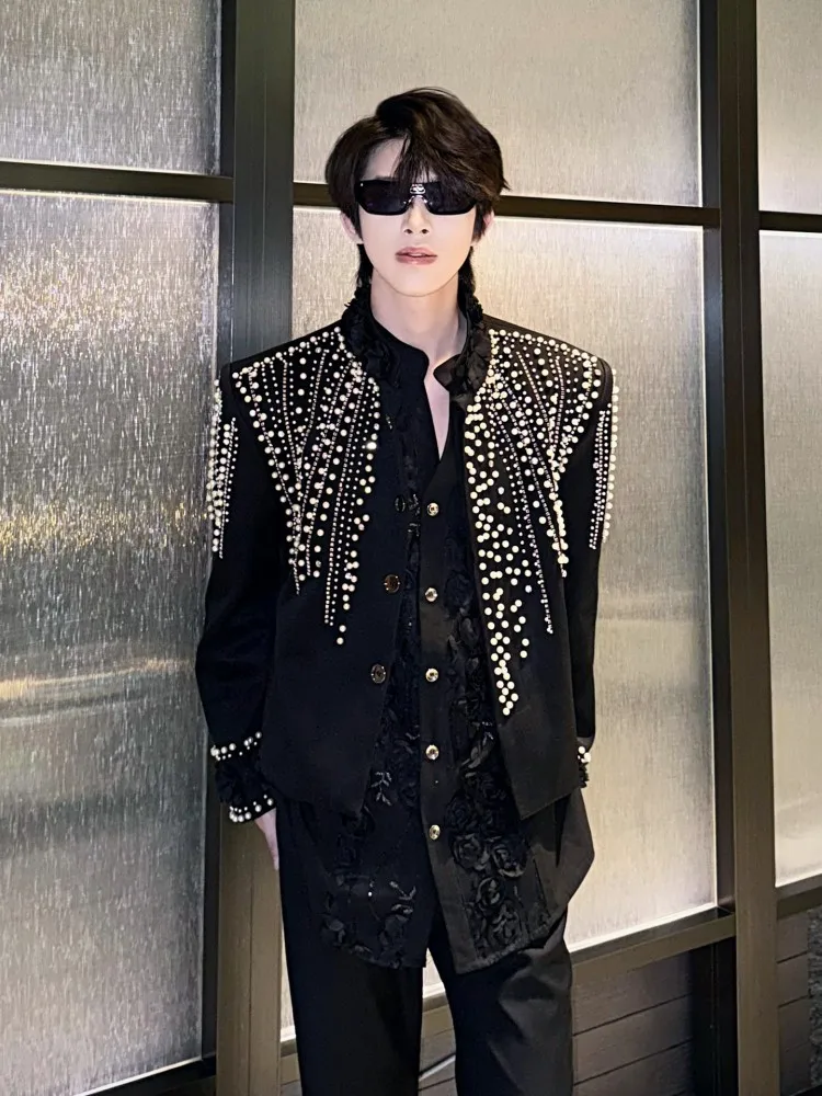 Men Fashion Beading Diamond Jacket Personality Stage Style Jackets Loose Single Breasted Stand Collar Short Blazers Male Coat